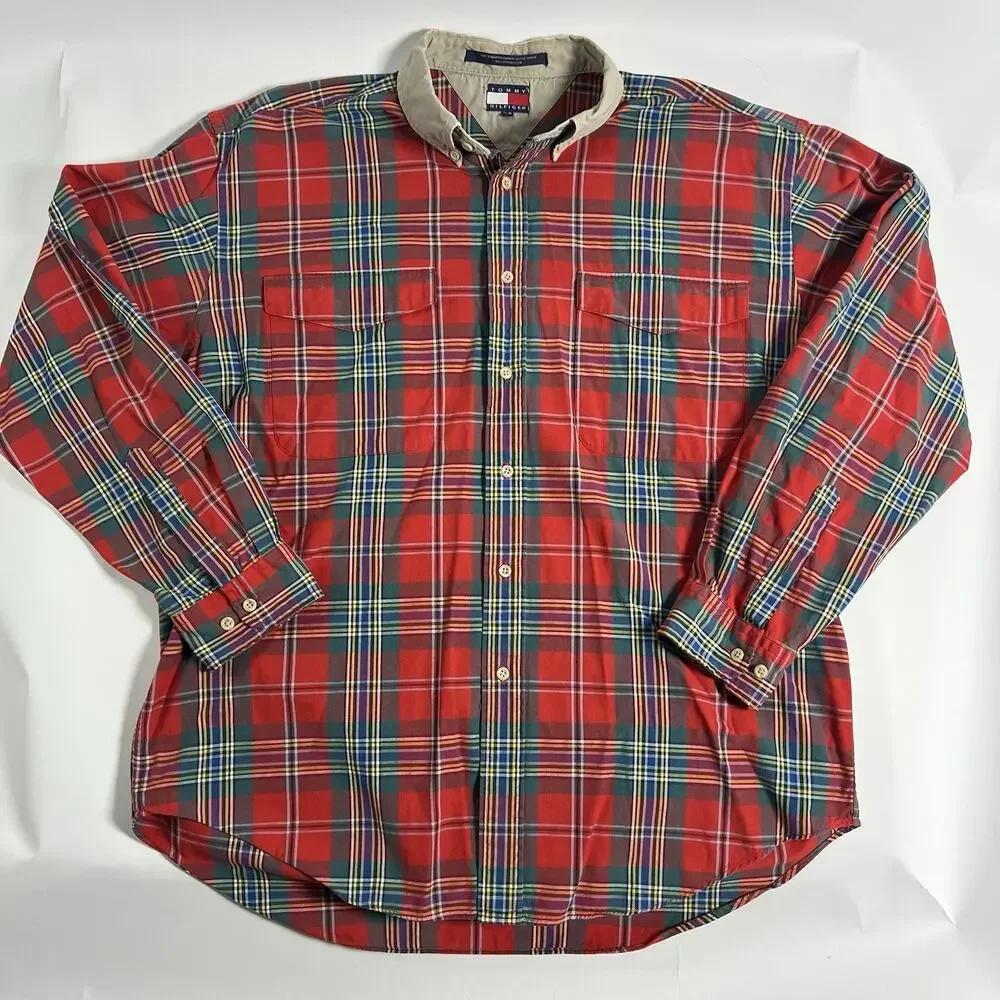 VTG‎ Tommy Hilfiger Men's Red Plaid Woven Cotton Button-Up Shirt LS Pockets L/G